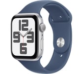 APPLE Watch SE - 44 mm Silver Aluminium Case with Denim Sport Band, S/M, Silver/Grey,Blue