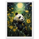 Midsummer Night's Panda Dream Oil Painting Panda Bear in a Full Moon Sunflower Field Landscape Kids Bedroom Artwork Framed Wall Art Print A4