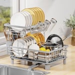 LIONONLY 2 Tier Dish Drainer Rack with Drip Tray, Detachable Dish drying Rack with Swivel Drainage Spout, Utensil & Cup Holder,Dish Rack for Kitchen Counter