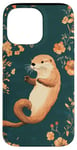 Coque pour iPhone 14 Pro Max Orange minimaliste floral mignon loutre de mer sur bleu sarcelle uni