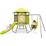 Goplus - Toboggan 4 en 1 Aire de Jeux en Bois, Réglable en Hauteur, Cabane Enfant Couverte pour 3-7 Ans, 225x203x168CM