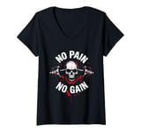 Womens No Pain No Gain Skull Barbell Workout Motivation V-Neck T-Shirt