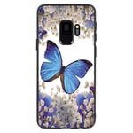 FAUNOW Designed for Samsung Galaxy S9 Matte Case Ultra-thin Shockproof Protective Black Cover with Blue Butterflies And Flowers