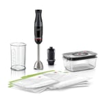 Bosch ErgoMaster Pressure Controlled Speed 2 in 1 Hand Blender with Vacuum seal tool, vaccum glass storage box, beaker & zipper bags. Stainless Steel Blade, MSM4B6V2GB,1000 W Motor, Black