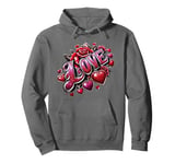 The Word Love surrounded By Hearts And Red Roses Pullover Hoodie