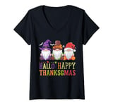 Womens Halloween Thanksgiving Christmas Happy HalloThanksMas Gnomes V-Neck T-Shirt