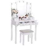 ANWBROAD Coiffeuse Table de Maquillage avec 10 LED Ampoules Lumière Dimmable Miroir et Tabouret Tabouret 5 tiroirs et 1 Organisateur de Rangement Amovible Pieds en Bois Massif Tabouret Blanc BDT05W