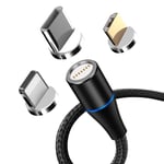 Maxlife Magnetisk USB-A till USB-C, Lightning, microUSB kabel 1m