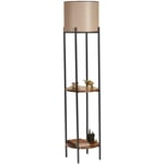 Lampadaire décoratif avec étagères intégrées Sorine H162cm Abat-jour Taupe , Métal Noir, et Bois massif foncé