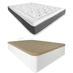 DUÉRMETE ONLINE Blanc Pack Matelas viscoélastique Bio Nature Épaisseur 24 cm + Canapé en Bois Rabattable Grande capacité, 90 x 190