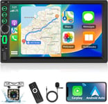 Autoradio 2 Din avec Apple Carplay sans Fil Android Auto, Double DIN Stéréo Radio pour Voiture à Écran Tactile 7 Pouces avec Bluetooth, Caméra de Recul, Lien Miroir/Radio FM/SWC/Télécommande