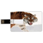 8G USB Flash Drives Credit Card Shape Tiger Memory Stick Bank Card Style Panthera Tigris Altaica Close up Image with Snowy Background Angry Hunter Photo Decorative,Light Brown Waterproof Pen Thumb Lo