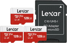 Carte Micro SD 128 Go Lot de 3 Cartes,Carte Mémoire Micro SD+ Adaptateur,Microsdxc Carte TF jusqu'à 100 Mo/s,A1,U3,C10,V30,Full HD et 4K UHD pour Caméra,Telephone,Switch(Q147)