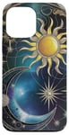 Coque pour iPhone 13 Pro Max Vitrail bleu doré céleste lune soleil esthétique