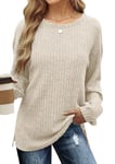 Aokosor Jumpers for Women Oversized Ladies Sweatshirts Crewneck Long Sleeve Tops Basic Side Split Tunic Tops Beige Size 18-20