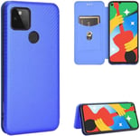 Compatible Avec Coque Google Pixel 5, Mince Flip Fibre De Carbone [Test De Chute] Antichoc Stand Fente Avec Carte, Protecteur D'écran En Verre Trempé*2-Bleu