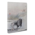 Cow At The Rivers Edge By Hashimoto Gaho Asian Japanese Canvas Wall Art Print Ready to Hang, Framed Picture for Living Room Bedroom Home Office Décor, 24x16 Inch (60x40 cm)