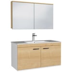 Meuble salle de bain RUBITE simple vasque 2 portes Chêne clair L. 100 cm + miroir armoire - Saniverre