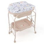 GOPLUS 4 en 1 Table à Langer Pliante, Station de Bain Robuste avec Baignoire, Roues Verrouillables, Cadre en Métal, Espace de Rangement, pour Bébé 0-12 Mois, Montage Facile, Charge 35 KG (Beige)