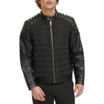 DKNY Men's Mixed Media Faux Leather Puffer Motocross Racer Jacket, Black, L