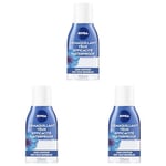 NIVEA Démaquillant Yeux Double Action au Bleuet (1 x 125 ml), nettoyant visage enrichi en eau purifiée, soin visage femme pour tous types de peaux, format voyage (Lot de 3)