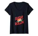 Womens Funny Sushi Rollin - Sushi Chef Skateboarding V-Neck T-Shirt