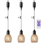 KSIBNW Lampes Suspendues d'extérieur avec Télécommande, Suspension Luminaire de 3 Lampes Portable Lustre Bohèmes Réglables en Hauteur Abat-jour en Rotin Fonction Minuterie Dimmable Intérieur Éclairage