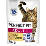 Perfect Fit Adult 1+ Complete Dry Cat Food for Adult Cats Aged 1+ Years, Rich in Chicken, 4 Bags (750 g)