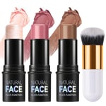 3Pcs Contour Highlighter Blush Sticks with Brush - Cream Contour Bronzer Stick for Cheeks Eyes Lips, Long Lasting Waterproof Smooth Makeup Sticks for All Skin Type Face Makeup