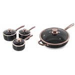 Tower T800001RB Saucepan Set, Aluminium, Black and Rose Gold & Linear Non Stick Saute Pan With Lid, Bonded Stainless Steel Base, Black And Rose Gold, 28 cm