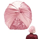 Silk Sleeping Hat for Women, Silk Hair Wrap for Sleeping for Women & Girls Hair Care Satin Bonnet with Adjustable Elastic Stay On Head Double Layer Hair Turbans for Curly Hair (Pink)