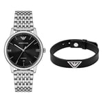 Emporio Armani Men's Silver-Tone Stainless Steel Watch and Leather Bracelet, Set