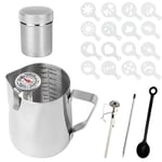 Milk Jug 600Ml/21OZ Milk Frother Jug, Stainless Steel Milk Frothing Pitcher, Powder Shaker, Garland Needle, Garland Model, Coffee Bean Spoon for Hot Chocolate Cappuccino Coffee Latte Art Maker (Set)