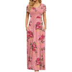 MOON Damklänning med korta ärmar, lång maxiklänning med hög midja och fickor, rosa blommig, medium