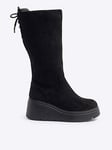 River Island Older Girl Suedette Wedge Knee High Boots - Black, Black, Size 3 Older