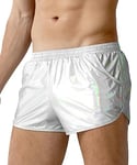 Casey Kevin Men's Metallic Shiny Boxer Shorts with Pockets Sparkly Sexy Hot Short Pants-Silver,Large