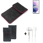 Sac Etui+ écouteurs pour Samsung Galaxy S21 5G Exynos gris foncé bordure rose 