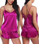 RSLOVE Lingerie Sexy Vêtements de Nuit en Satin Pyjamas Ensemble Cami Shorts Col en V pour Femmes Violet XXL