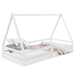 Lit cabane SILA 90x190 cm, lit simple enfant 1 place type Montessori, en pin massif blanc