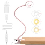 iZELL LED Desk Lamp【3 Color Modes & 10 Brightness】 Eye Caring Clip on Clamp Light with 70cm Flexible Gooseneck, Book Ring Light with Plug for Home Office, Kids, Reading, Clip on Table, Headboard-Pink