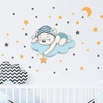 Stickers muraux enfants - Decoration chambre bébé - Sticker mural chambre enfant - Autocollant mural ourson rêveur et 50 étoiles - H30 x L35 cm