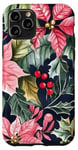 Coque pour iPhone 11 Pro Poinsettias rouge vif avec houx et feuilles vert foncé