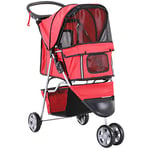 PawHut Poussette buggy pliable animaux, chariot pliant chien chat, porte-gobelet panier de rangement inclus, roues avec frein, tissu 600D Oxford acier, 75 x 45 x 97 cm rouge