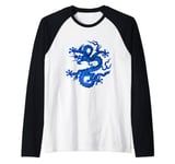 Chinese Dragon, Cobalt and Indigo Blue Raglan Baseball Tee