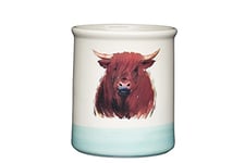 Apple Farm - Pot de Rangement pour Ustensiles de Cuisine en Porcelaine, Illustration Vache Highland, 12.5 x 12.5 x 14.5 cm - Beige et Vert