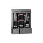 Armoire de Rangement Penderie en Tissu Gris Pliable + 5 Etagères + 3 Tiroirs et 2 Barres de Suspension Chambre Dressing