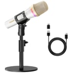 TONOR USB/Type C Dynamic Microphone for PC, RGB Podcast Computer Gaming Mic with Desktop Stand for Recording, Live, Streaming, YouTube, Singing, Studio, Karaoke Microfono with Quick Mute White