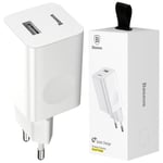 Baseus Charging Hurtiglader vegglader strømforsyning EU-adapter USB Quick Charge 3.0 QC 3.0 hvit (CCALL-BX02)