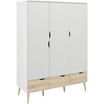 Armoire - Blanc / Chêne - 3 portes / 3 tiroirs - Piètement évasé en bois massif - Chambre - 147,2 x 58,1 x 200,1 cm - TVILUM