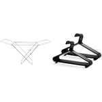 Home Vida Winged Folding Clothes Airer, Metal, White & KEPLIN Adult Plastic Coat Hangers - 25pk, Black Colour, Strong Clothes Hangers